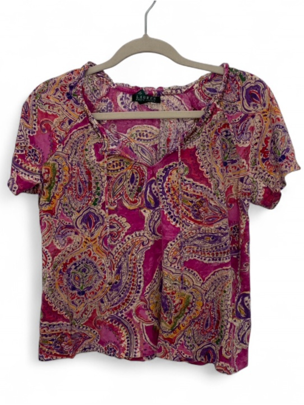 Y2K Lauren Ralph Lauren Pink Paisley Short Sleeve Boho Blouse